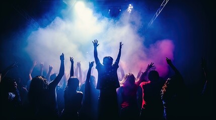 Large group of young people are dancing in a nightclub.