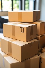 Cardboard boxes with parcels from online stores at the delivery service storehouse. Express delivery with modern accounting and distribution facilities. Optimization storage systems.