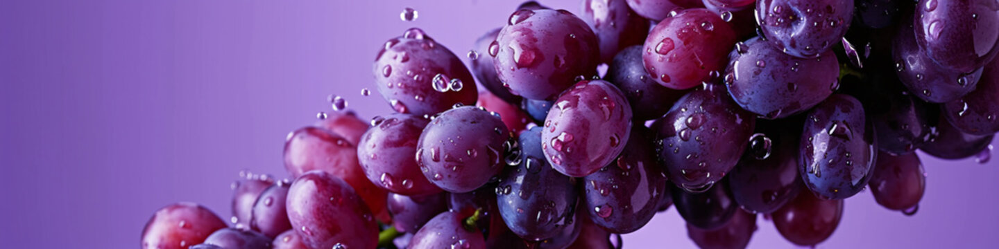 a fresh grape with a dewy surface on the air in a purple background for a banner, wine label, copy space