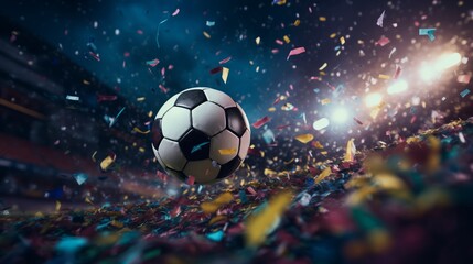 close up ball on midfield in soccer stadium,Colorful confetti flying in the air.football or soccer tournament,world football,soccer cup concept - obrazy, fototapety, plakaty