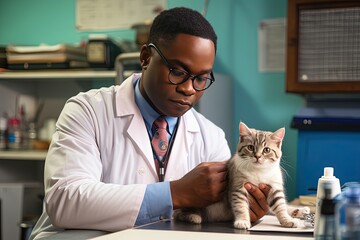 African American male veterinarian with a kitten in the clinic.