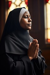 Middle aged African American nun praying.