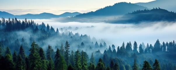 Fog conceals details of mountains with trees inviting greater sense of wonder with mystery