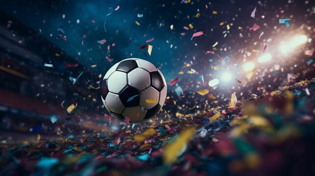 Fototapeta close up ball on midfield in soccer stadium,Colorful confetti flying in the air.football or soccer tournament,world football,soccer cup concept