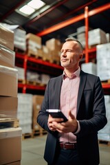 Accountant demonstrating exceptional document management skills amidst the warehouse chaos. A middle-aged man stands in a warehouse with a tablet PC and checks the statements for the presence of goods
