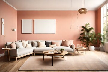 An exquisitely simple living space adorned with a single sofa, a blank white frame mockup on a seamlessly colored wall, and a burst of bright hues