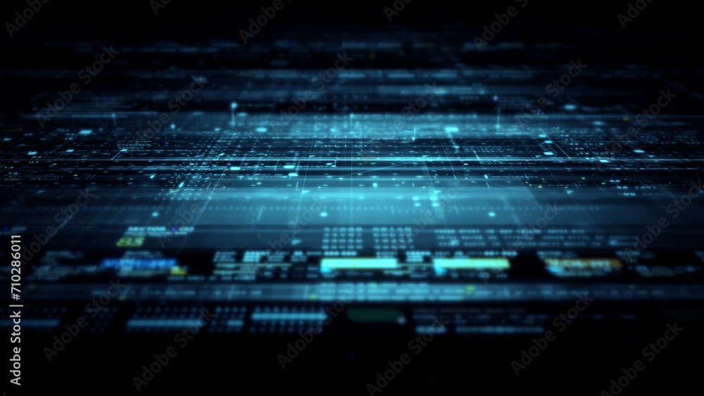 Aufkleber Data matrix simulation UI with cutting-edge digital environment with a dynamic and immersive display of interconnected data matrix information networks systems background
