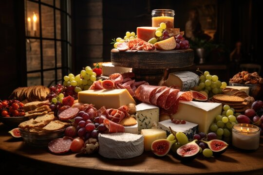 Table top with various cheeses, hams, pastries and fruits, cold cuts buffet, cafeteria table setting, Christmas table, organic food