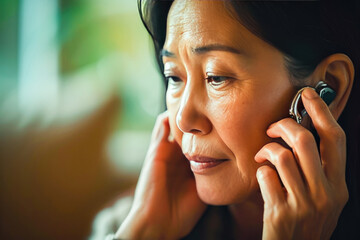 A serene mature Asian woman enjoying a moment of music or audio through her wireless earphone at home.