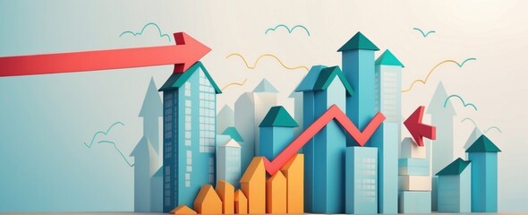 graphic representation of the increase in the value of the home and the mortgage. Illustration of houses and arrows representing home prices and mortgage inflation, all in vibrant colors.