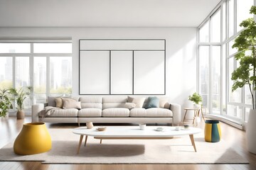 A bright and airy living room with floor-to-ceiling windows, a simple white coffee table, and a blank white empty frame mockup on the wall. The room is adorned with colorful vases.