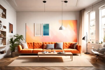 A simple yet vibrant living space featuring a sofa, a blank white frame on the wall, and bright colors, all bathed in the glow of a stylish pendant light.