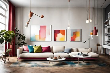 Capturing the essence of contemporary living a?" a sofa, a blank white frame, and vibrant colors, all softly illuminated by a modern pendant light.
