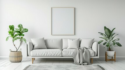 living room interior with sofa and plant on white