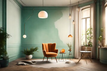 An inviting interior design with a blank white canvas on a clear jade wall, paired with a solitary apricot chair, bathed in the warm glow of a pendant light.