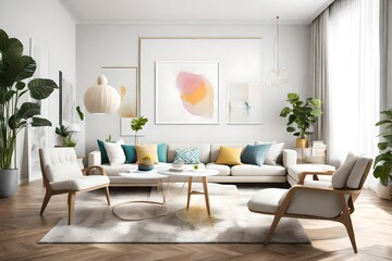 A snapshot of a serene living space adorned with straightforward furnishings, a blank white empty frame mockup, and a splash of lively colors that emanate tranquility.