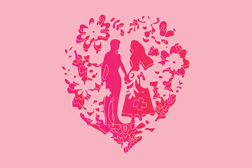 valentine couple image in heart shaped floral background in rose pink