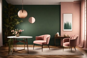 An elegant room design with a blank white canvas on a serene blush wall, paired with a solitary forest green chair, bathed in the warm glow of a pendant light.