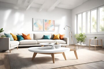 A bright living room with large windows, a simple white coffee table, and a blank white empty frame...