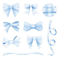 Blue watercolor ribbon bow tie vector collection - obrazy, fototapety, plakaty