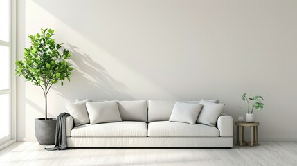 living room interior with sofa and plant on white