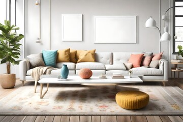 A bright living room with large windows, a simple white coffee table, and a blank white empty frame mockup on the wall. The room is adorned with colorful decorative pillows.