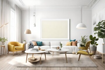 A snapshot of a serene living space adorned with simple furnishings, a blank white empty frame mockup, and a splash of lively colors that emanate tranquility.