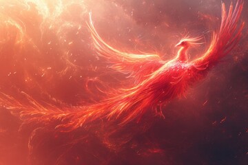 Flying red burning bird phoenix with wire wings. Ai generative