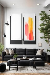 A modern living room with a sleek black sectional sofa, a blank white empty frame mockup on the wall, and pops of color from vibrant artwork. The room is illuminated by recessed lighting.
