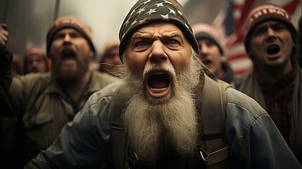 Campaign rally - election year - passionate angry crowd - chanting - partisanship - political - civil war - populist national - partisan divide - country divided 