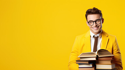 Smiling Man in Yellow Holding Books Against Yellow Background