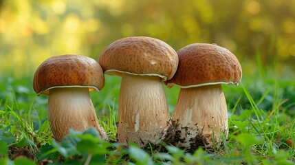 Group Boletus Edulis mushroom with brown hat (cep, porcini, king bolete, penny bun). Edible wild mushroom