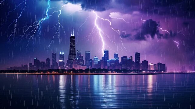 Strike on Water at Night Lake Michigan. seamless looping overlay 4k virtual video animation background 
