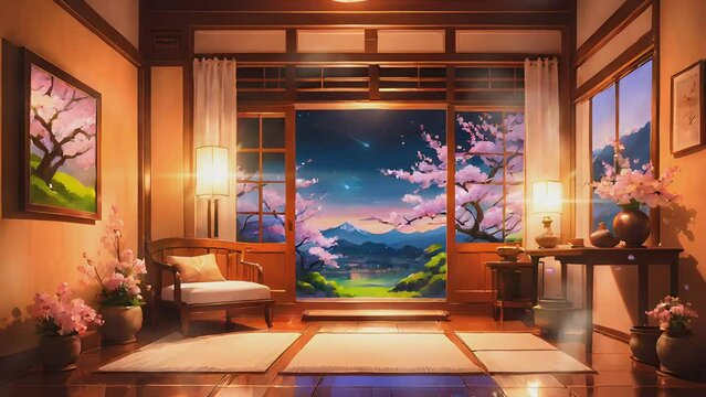 Interior of a Japanese house with large windows and beautiful night view of spring. Cartoon or anime watercolor digital painting illustration style. seamless looping 4k video animation background.