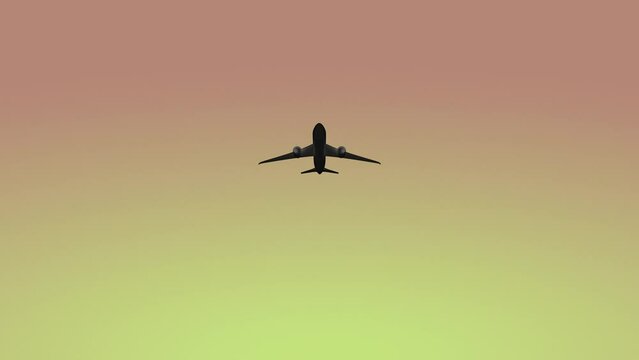 Airplane flight over. Bottom view with a flying plane at sunset in the evening. 3D animation 4k Render.
