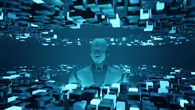 prototype of humanoid artificial intelligence inside a matrix of code , futuristic development society concept 