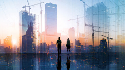 Future City Vision: Two Engineers Overlooking Skyline at Sunrise - Urban Construction Dreamscape