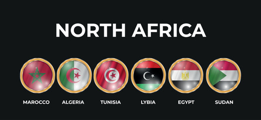 set of 3D illustrations of the flags of the countries of the North African region in a circular shape - obrazy, fototapety, plakaty