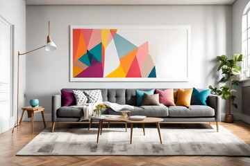 A modern living room with a sleek gray sofa, a blank white empty frame mockup on the wall, and pops of color from vibrant artwork. The room is illuminated by a statement floor lamp.
