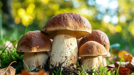 Group Boletus Edulis mushroom with brown hat (cep, porcini, king bolete, penny bun). Edible wild mushroom