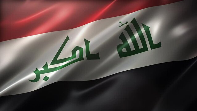 The Flag of Iraq high-angle, perspective view, flapping in the wind, realistic with a cinematic look and feel, and elegant silky texture. Realistic CG animation seamless loop-able.