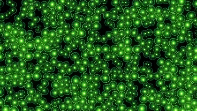 Animation of squishy undulating green cells with bright glowing nucleus