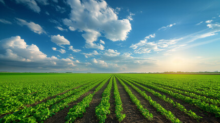 Sustainable Agriculture: Vibrant Crop Rows Under Cloud-Filled Sky at Sunrise - Farming and Food Production