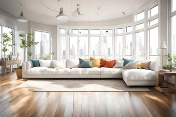 A bright and airy living room with large windows, a simple white sectional sofa, and a blank white...
