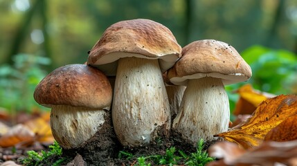 Group Boletus Edulis mushroom with brown hat (cep, porcini, king bolete, penny bun). Edible wild mushroom