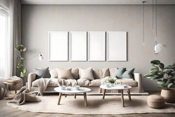 Fototapeta na wymiar A cozy living space with simple furnishings, a blank white empty frame mockup on the wall, and a soothing color scheme that invites relaxation.