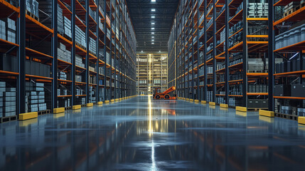 High Ceiling Warehouse Interior with Reflective Floor: Forklift Between Rows of Shelves - Storage Facility Dynamics - obrazy, fototapety, plakaty