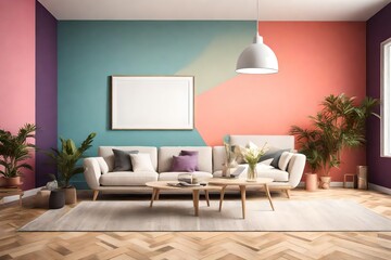 A uniquely simple living room featuring a solitary sofa, an empty white frame mockup against a clear solid color wall, and a burst of bright hues, all lit by the modern charm of a pendant light.