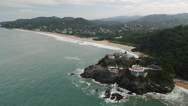 Ocean Waves Coastline Aerial Drone Landscape of San Pancho Mexico Beach Resort Establishing Shot