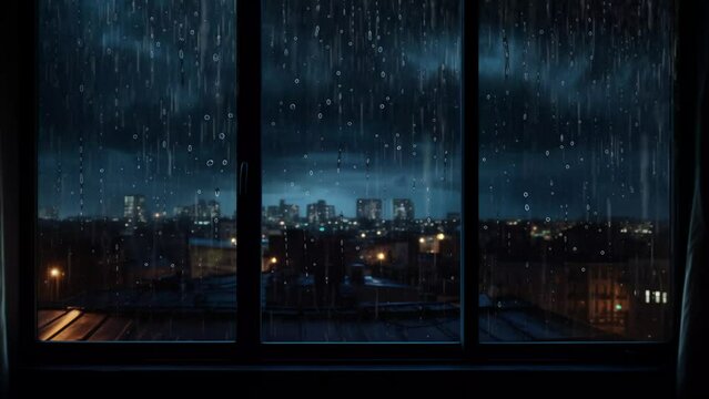 Window with drops of night rain in a city. rain at night view from window. seamless looping overlay 4k virtual video animation background 